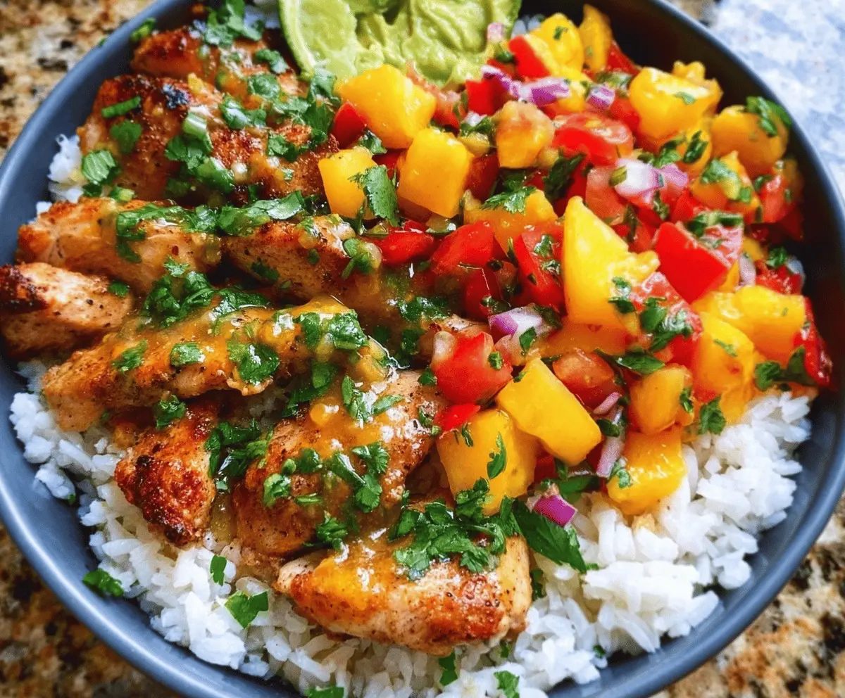 Easy Cilantro Lime Chicken Bowls with Peach Salsa and Rice