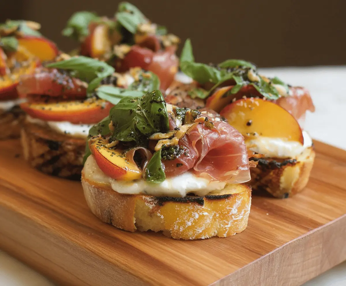 Cheesy Burrata Crostini with Prosciutto and Sweet Peaches