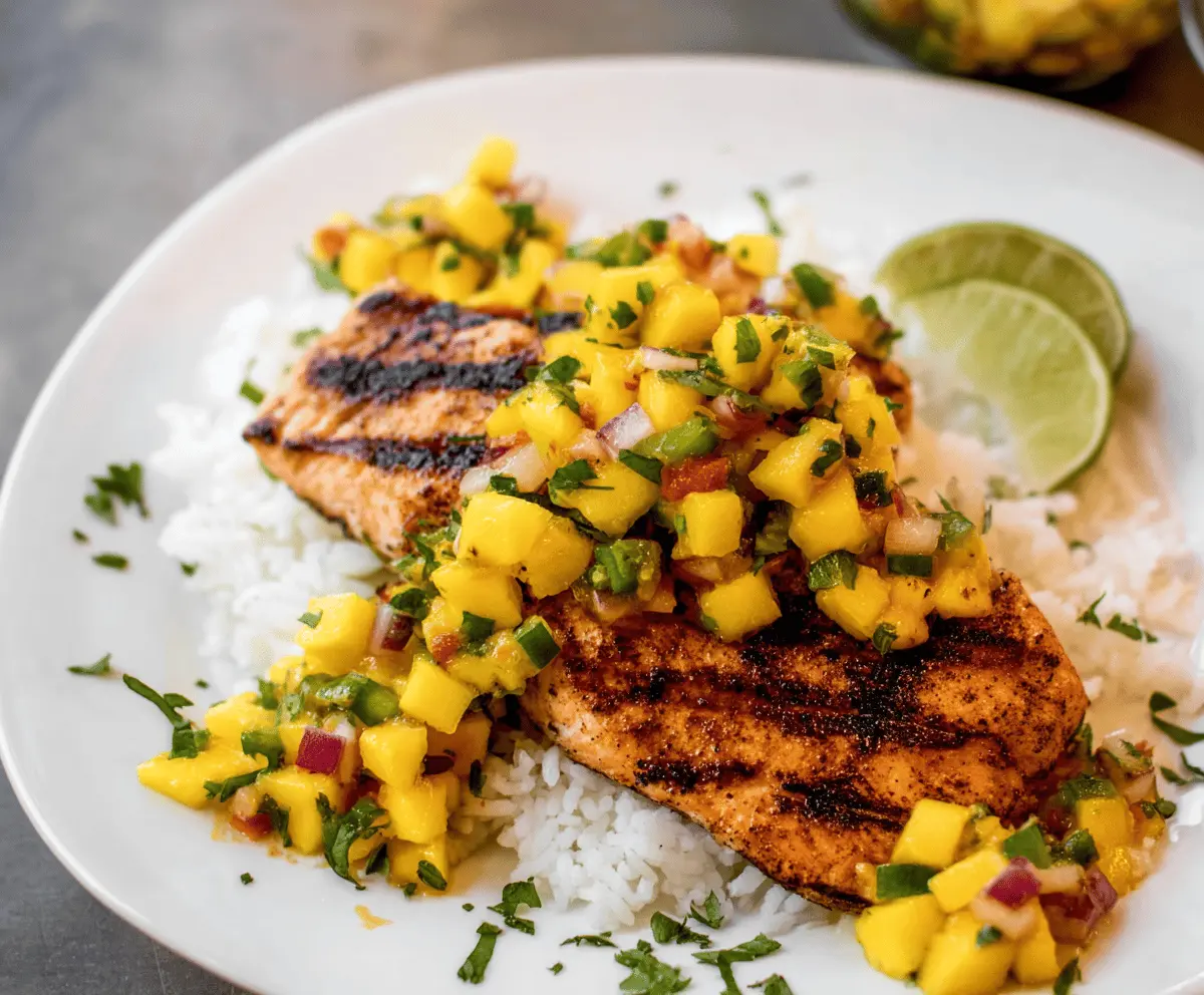 Grilled Salmon with Fresh Mango Salsa and Creamy Coconut Rice