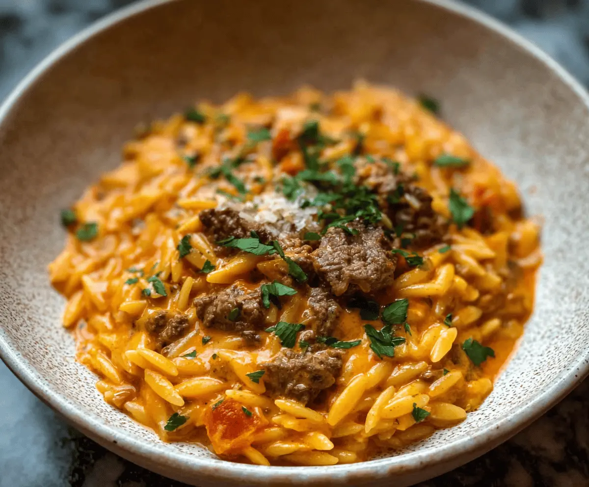 Creamy Tomato Beef Orzo One-Pot Recipe