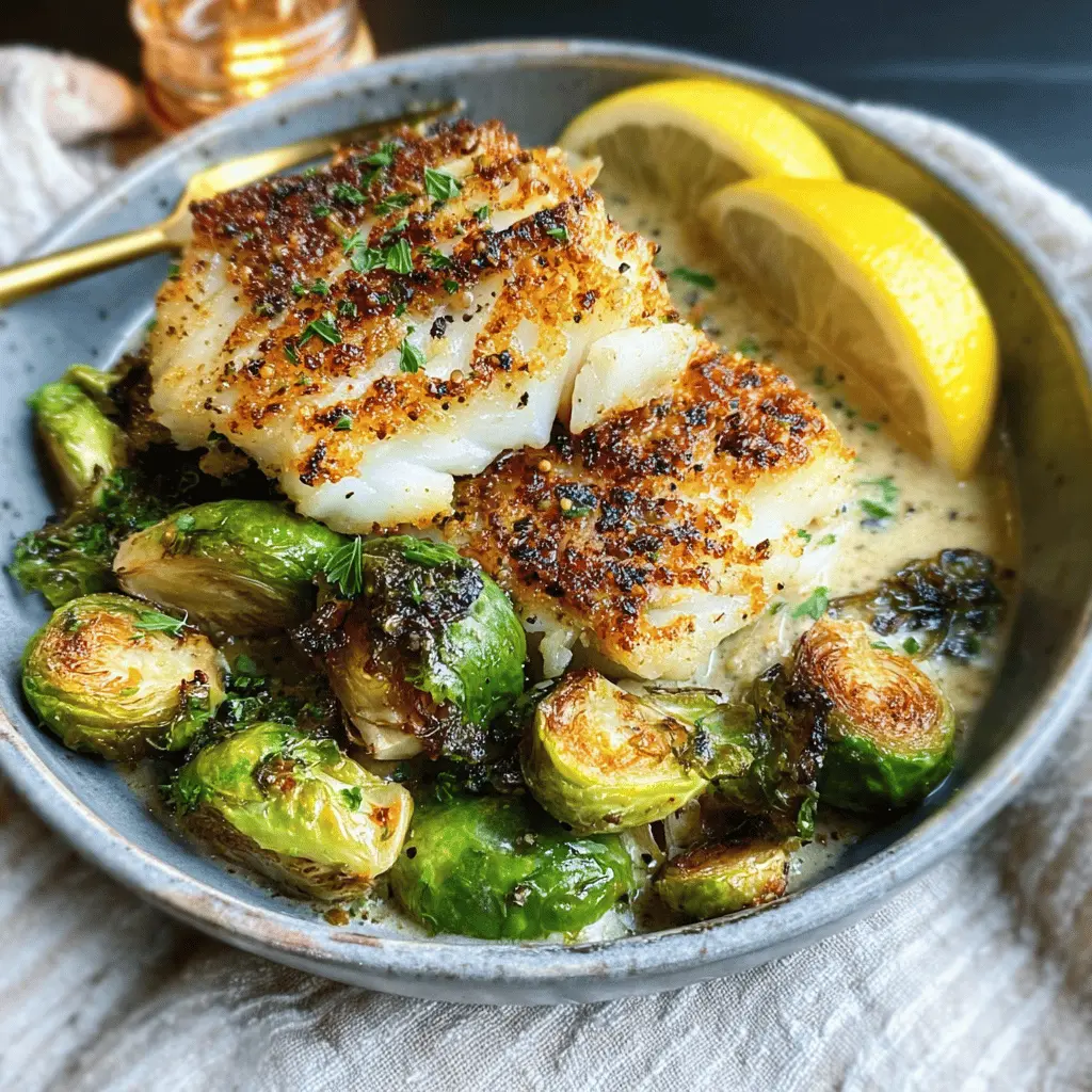 Easy Lemon Garlic Butter Cod with Roasted Brussels Sprouts