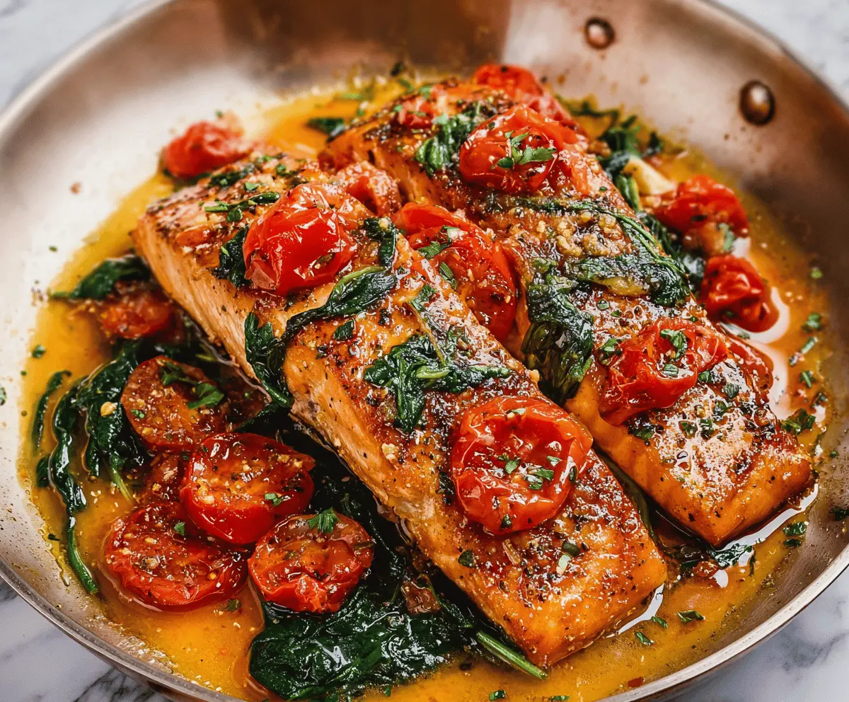 Tuscan Garlic Salmon with Spinach and Tomatoes