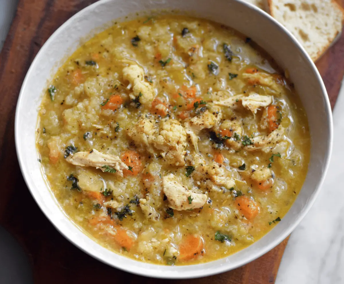 Creamy cauliflower chicken soup in a bowl, garnished with fresh herbs, ready in 30 minutes for a comforting and healthy meal.