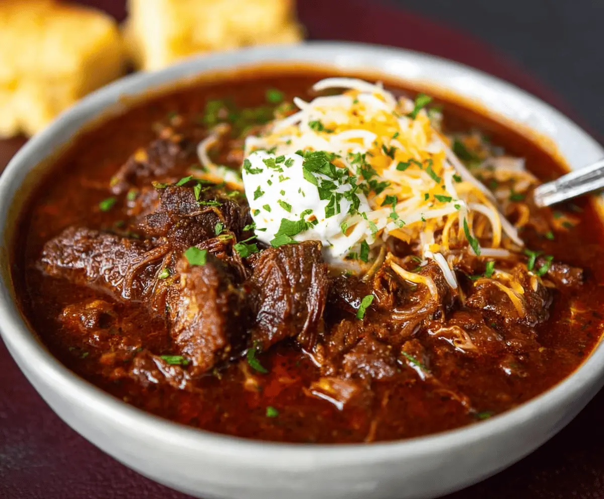 A delicious bowl of authentic Texas brisket chili topped with shredded cheese, chopped onions, and fresh cilantro, served in a rustic bowl with a spoon on a wooden table.