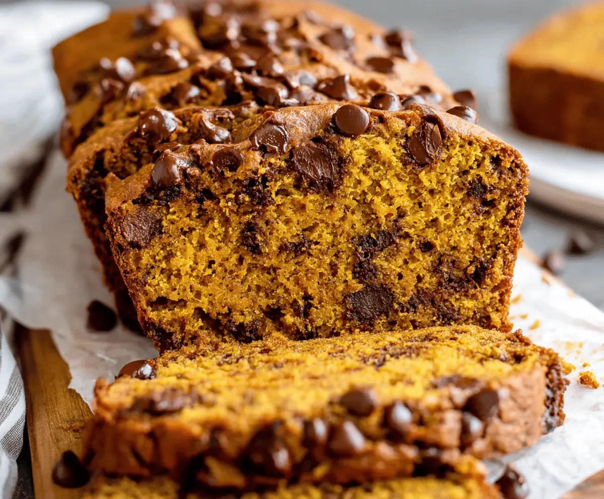 Delicious homemade chocolate chip pumpkin bread sliced and ready to serve, featuring moist texture and gooey chocolate chips