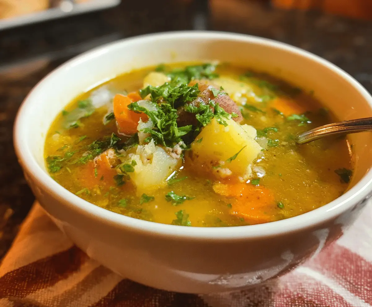 Creamy brothy tater soup garnished with chopped herbs and a slice of crusty bread on a rustic wooden table.