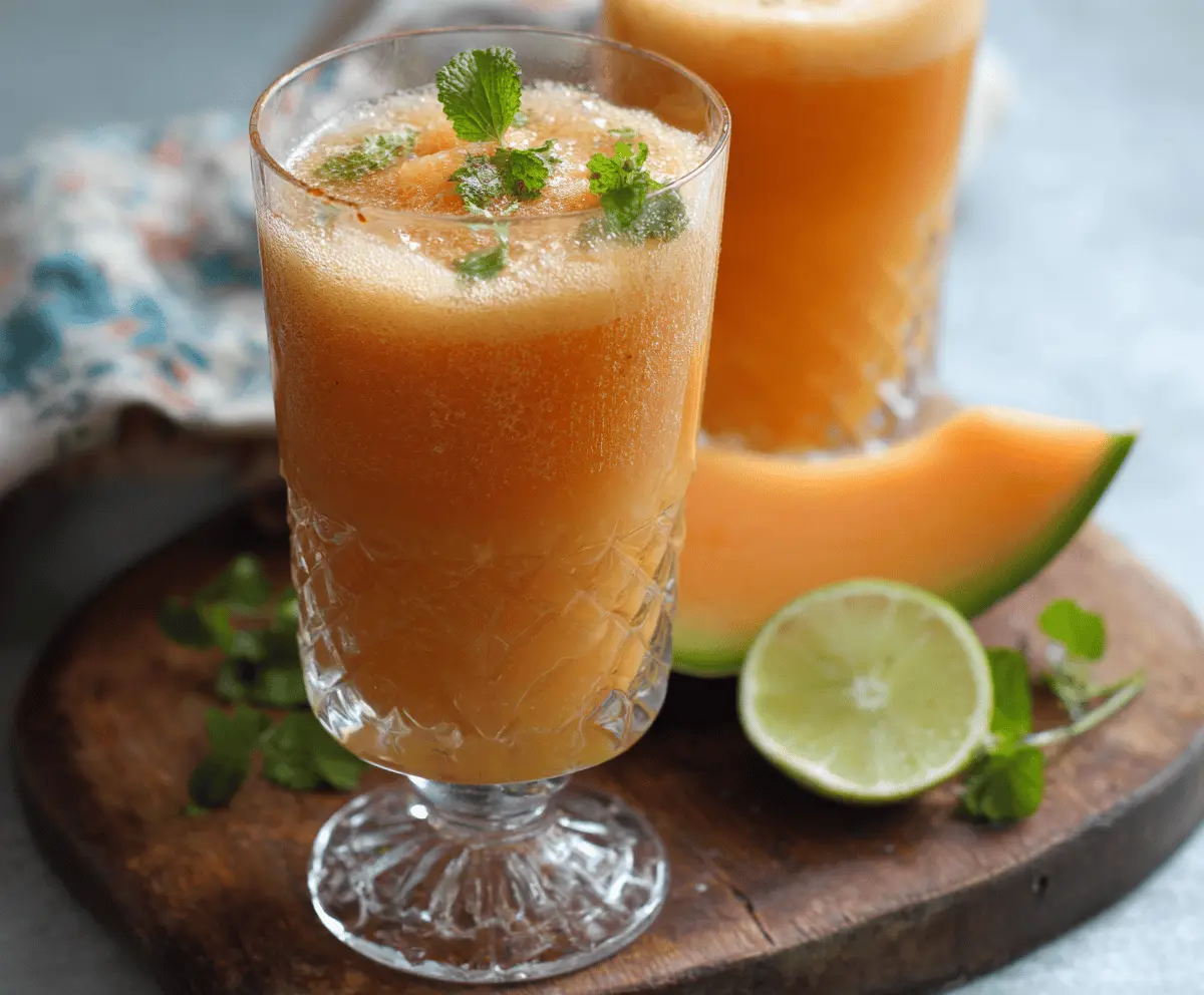 Refreshing Cantaloupe and Papaya Cooler in a glass with fresh fruit slices, perfect for summer hydration and healthy refreshment.