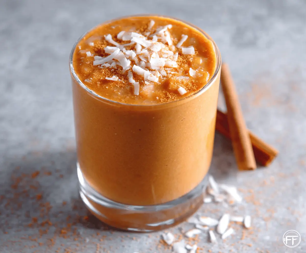 A vibrant glass of carrot cake smoothie topped with whipped cream, grated carrots, and crushed nuts, showcasing a delicious and healthy dessert drink.