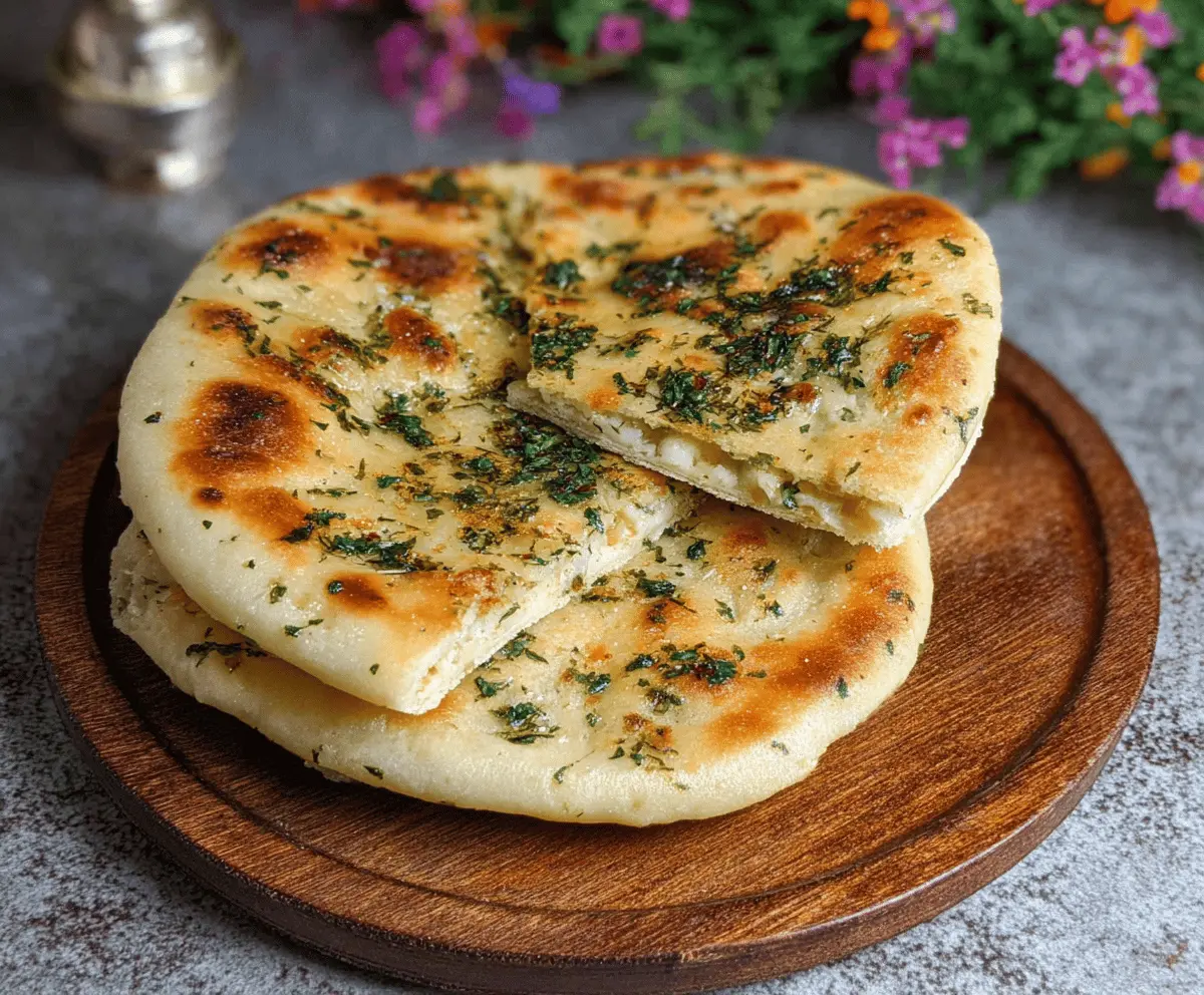 Cheese and herb stuffed flatbread with melted cheese and fresh herbs on a rustic wooden surface