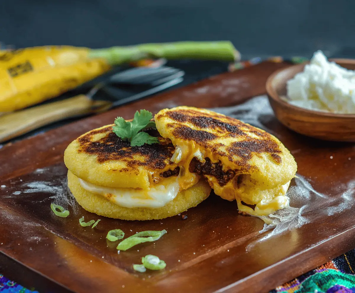 Delicious cheesy arepa filled with melted cheese and toppings, ready to enjoy as a savory Venezuelan snack