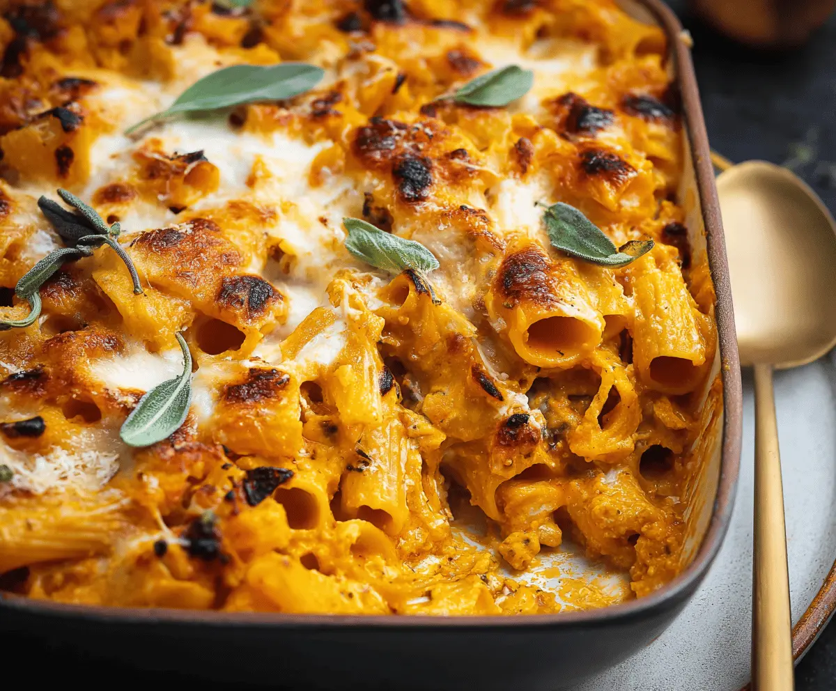 Delicious cheesy pumpkin ricotta pasta bake topped with melted cheese and fresh herbs, served in a baking dish.