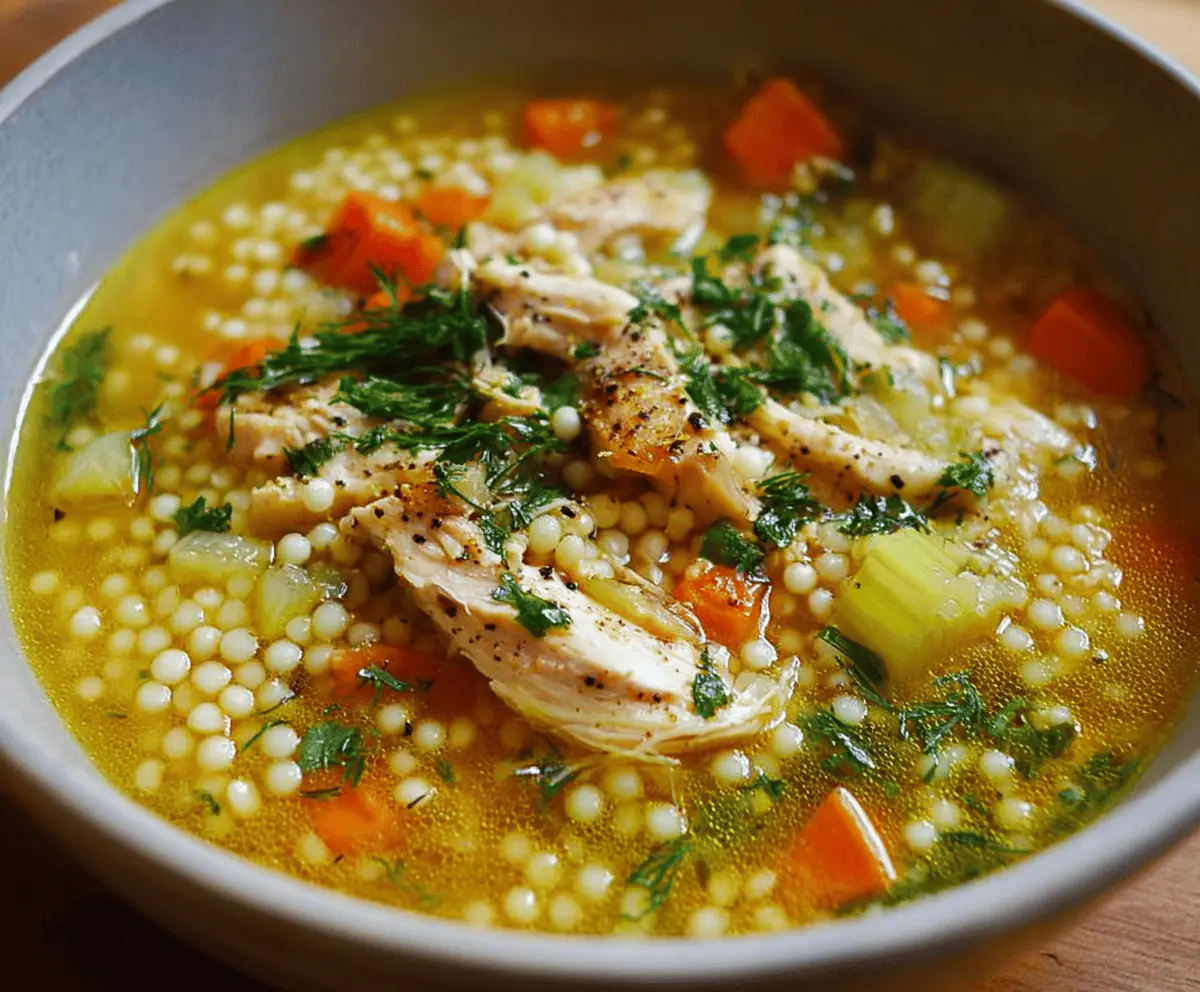 A steaming bowl of chicken and pearl couscous soup garnished with fresh herbs, showcasing tender chicken pieces, pearl couscous, and colorful vegetables in a flavorful broth.