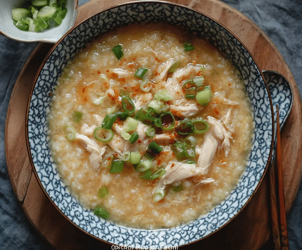 Creamy chicken congee served in a bowl, featuring tender shredded chicken, sliced green onions, and a smooth rice porridge, with an optional Instant Pot version for easy preparation.