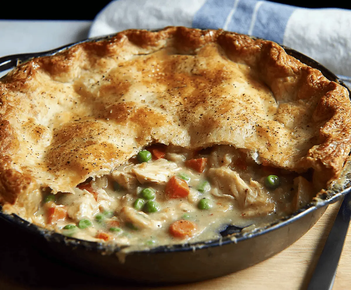 Creamy chicken pot pie filling with tender chicken, vegetables, and rich gravy in a delicious savory mixture