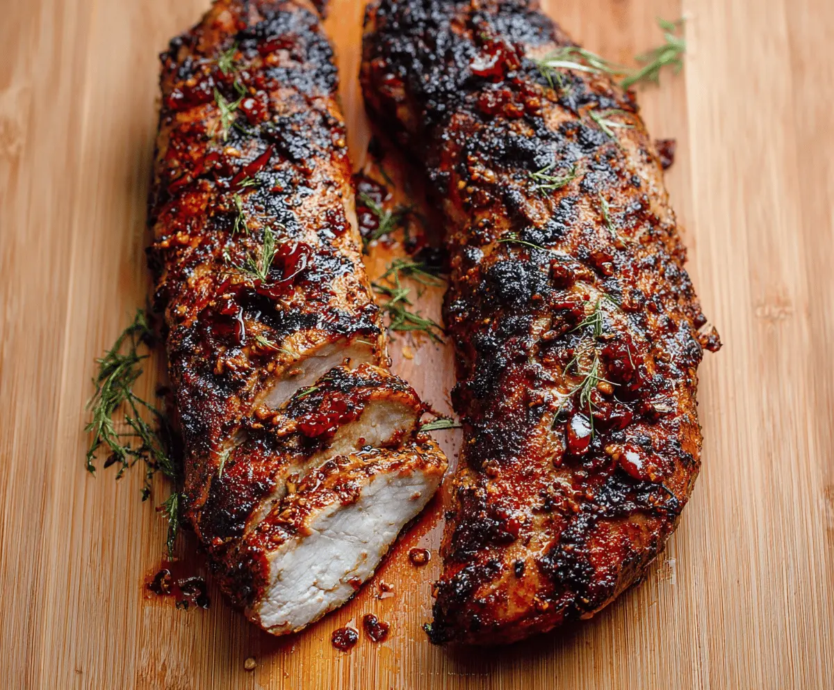 Juicy Citrus Chile Roasted Pork Tenderloin garnished with fresh herbs on a rustic wooden platter, perfect for a flavorful dinner.