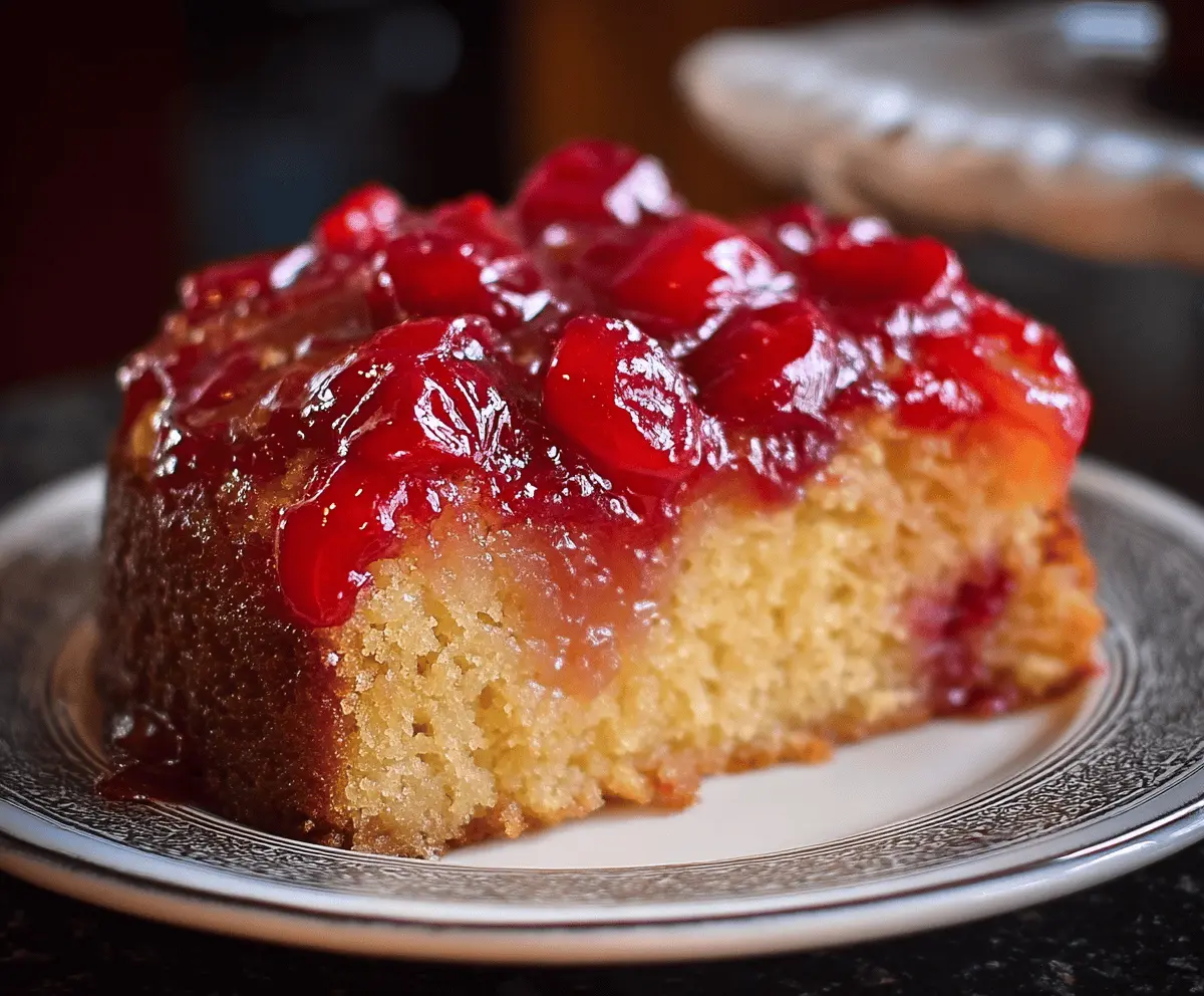 Delicious Cranberry Pineapple Upside Down Cake topped with caramelized cranberries and pineapple slices, ready to serve