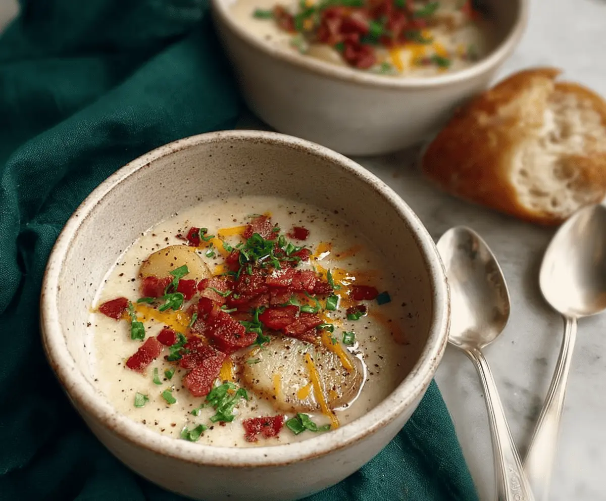 A bowl of creamy rustic potato soup garnished with fresh herbs, served with crusty bread on a wooden table.