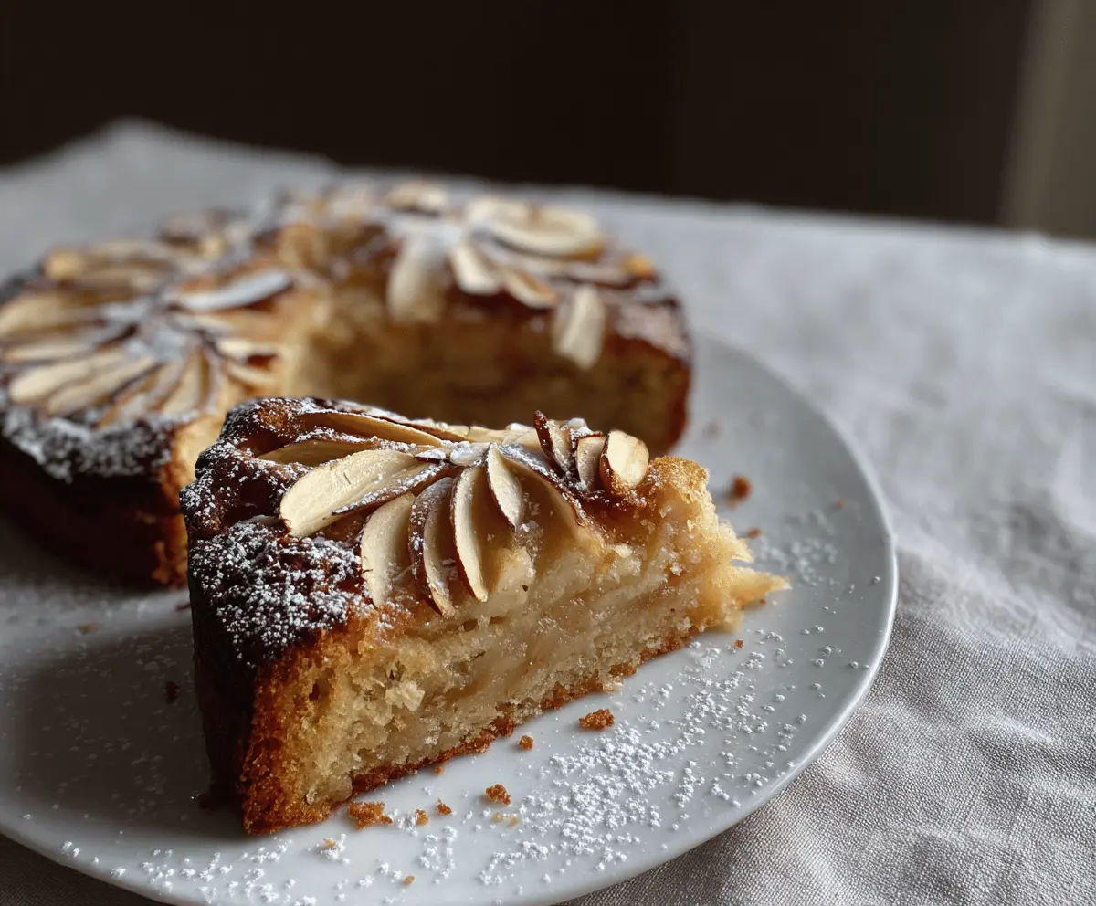 Delicious flourless apple, almond, and cardamom cake sliced and served on a plate with fresh apple slices and a sprig of mint, perfect for a gluten-free dessert
