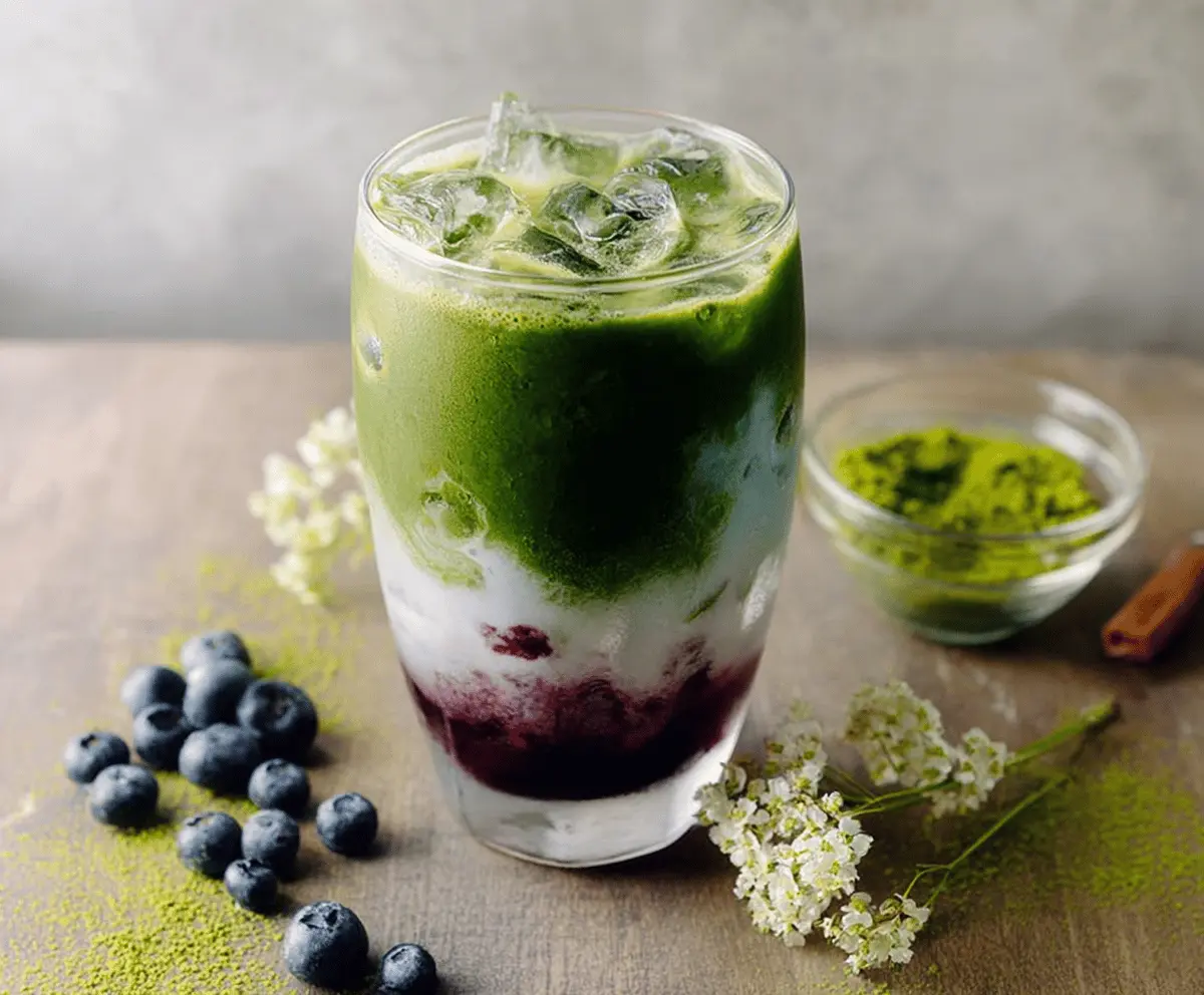 Refreshing iced blueberry matcha latte in a glass garnished with fresh blueberries and mint leaves