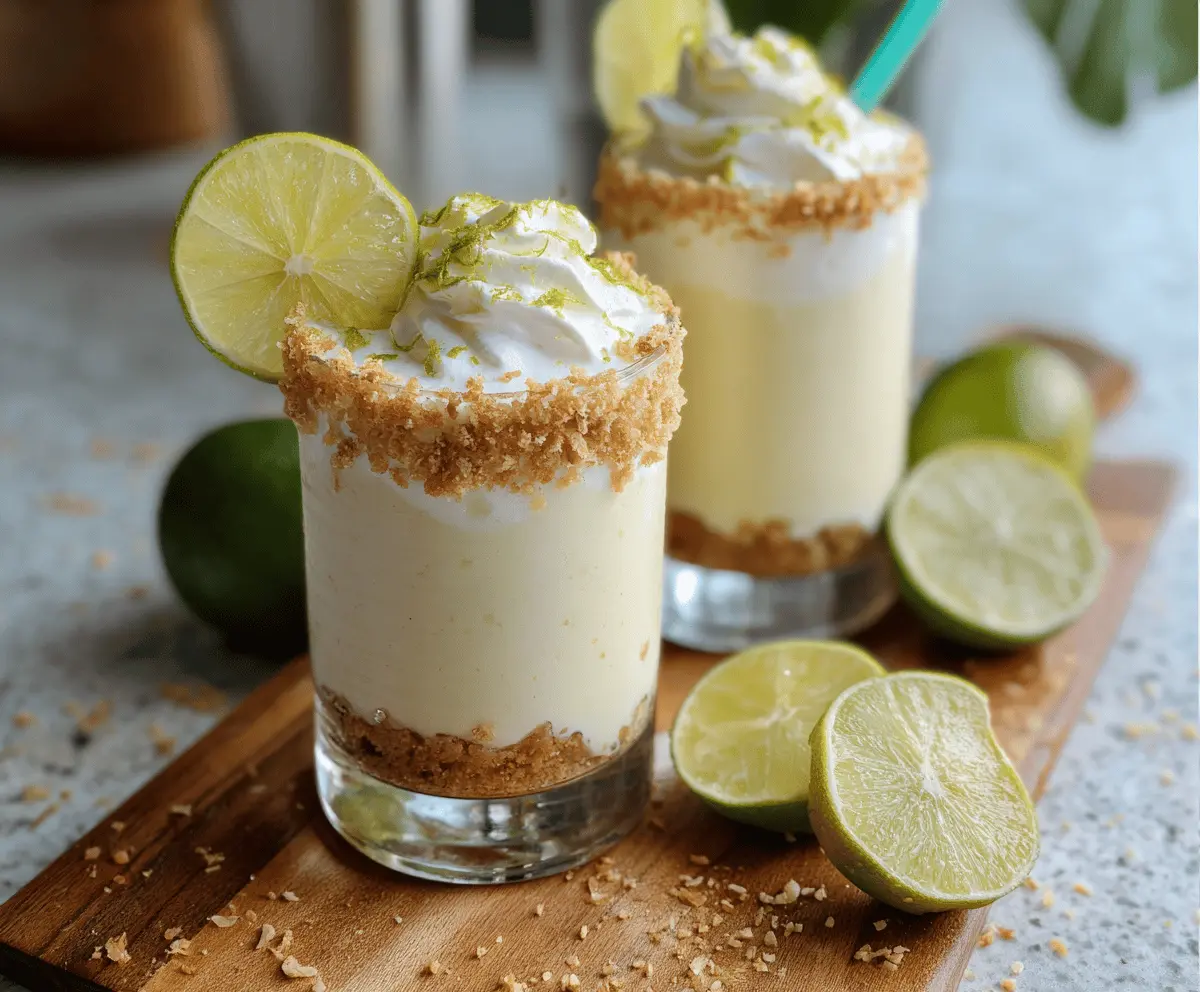 Refreshing Key Lime Pie Mocktail or Cocktail with lime slices, whipped cream, and graham cracker crust garnish on a vibrant background