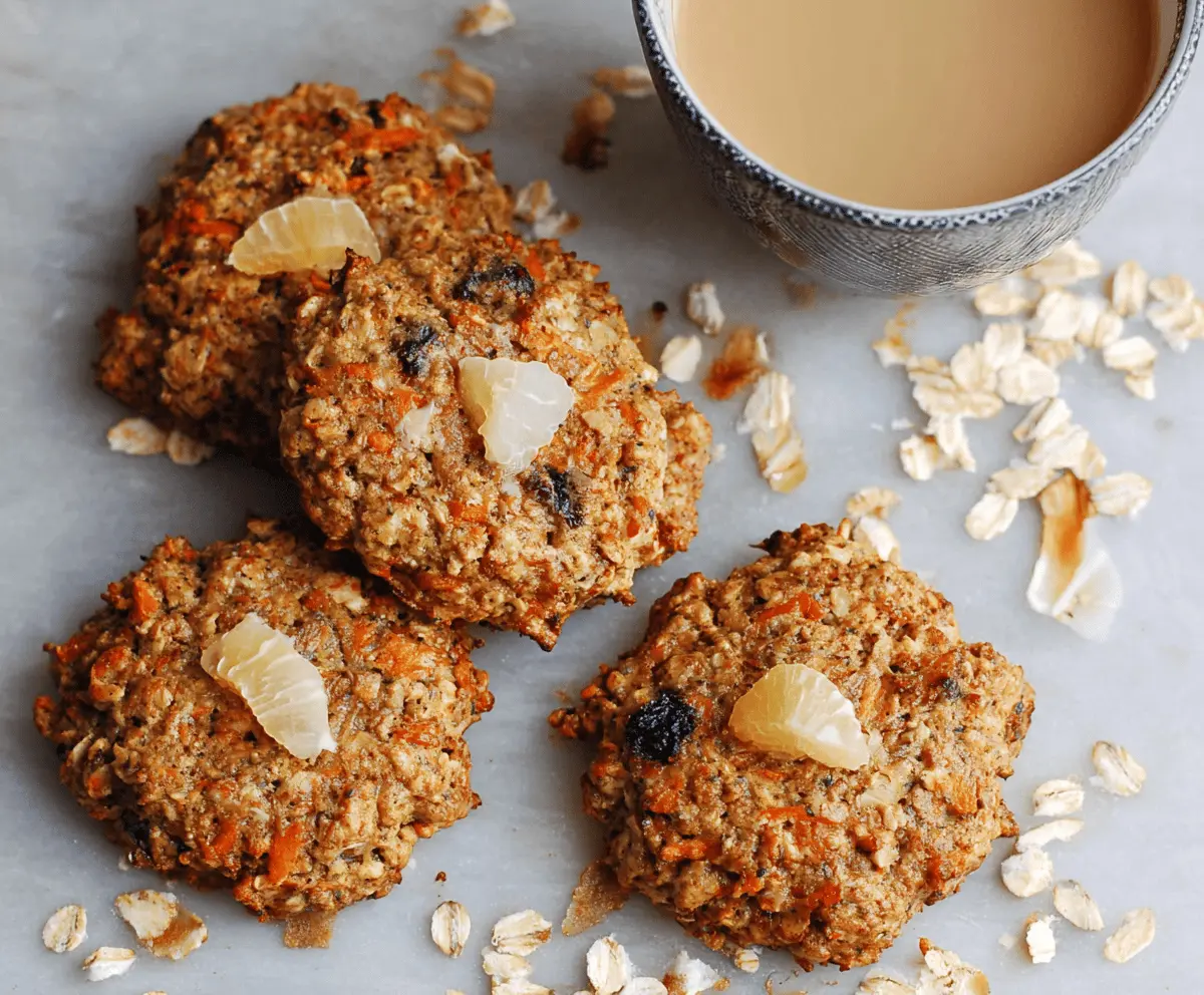 Healthy Morning Glory Breakfast Cookies with oats, grated carrots, raisins, coconut, and nuts on a plate.