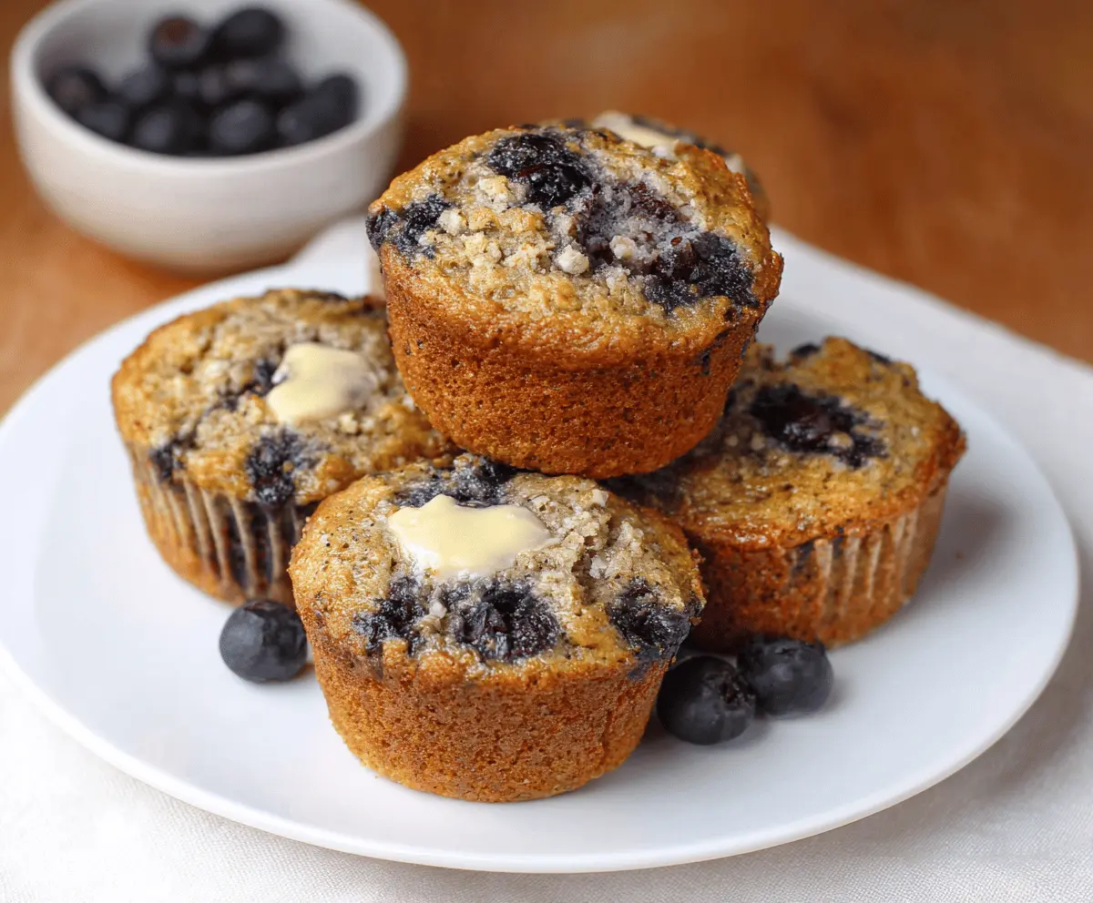 Delicious homemade oatmeal blueberry muffins with no flour, featuring fresh blueberries and a golden-brown crust