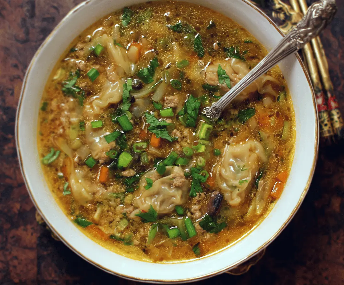 Delicious potsticker soup with tender dumplings, fresh vegetables, and flavorful broth in a bowl on a wooden table
