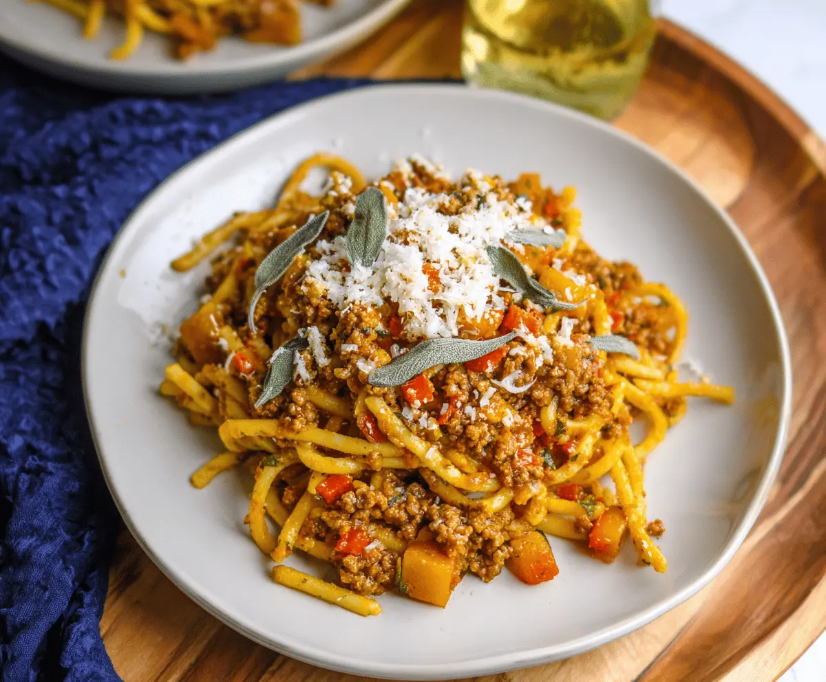 Creamy Pumpkin Bolognese sauce served over pasta, garnished with fresh herbs, perfect for a cozy fall meal.