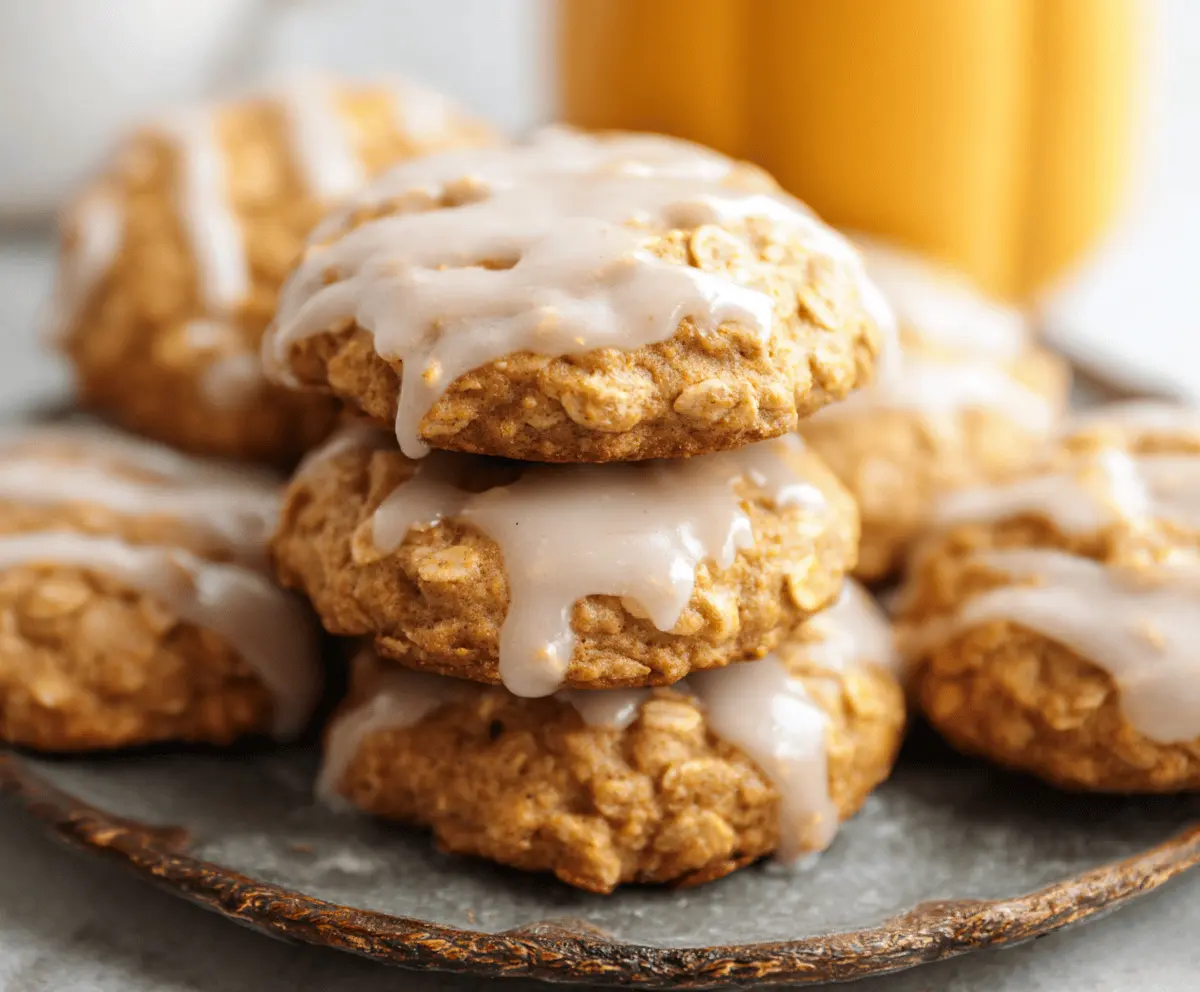 Delicious homemade pumpkin oatmeal cookies topped with cinnamon sugar icing, perfect for fall desserts and cozy snacks.