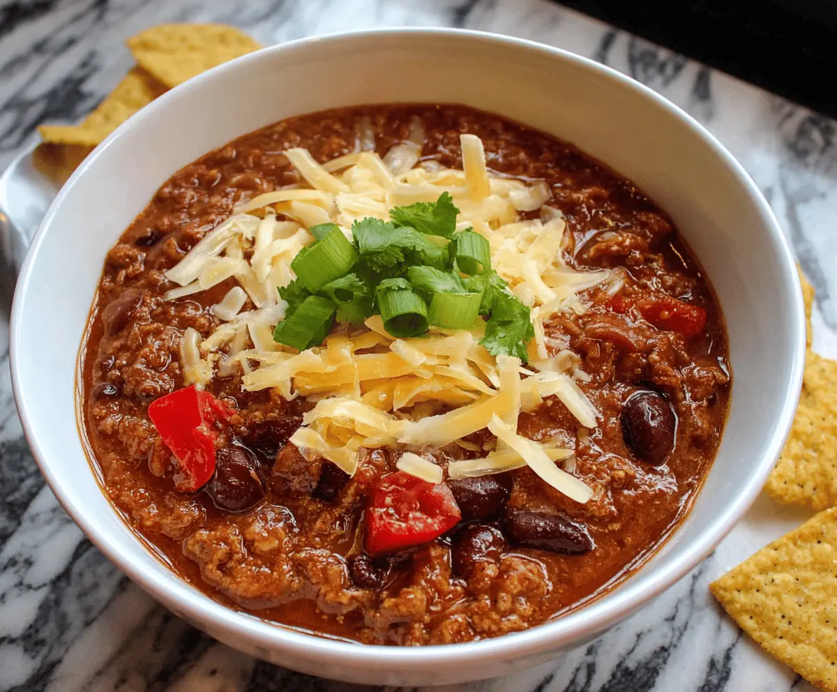 Delicious quick and easy chili recipe cooking on stove top with beans, meat, and spices