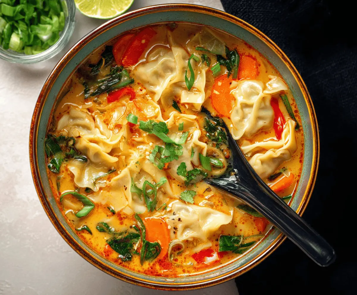 A bowl of Red Curry Pot Sticker Soup topped with fresh herbs and sliced vegetables, featuring dumplings in a spicy red curry broth.