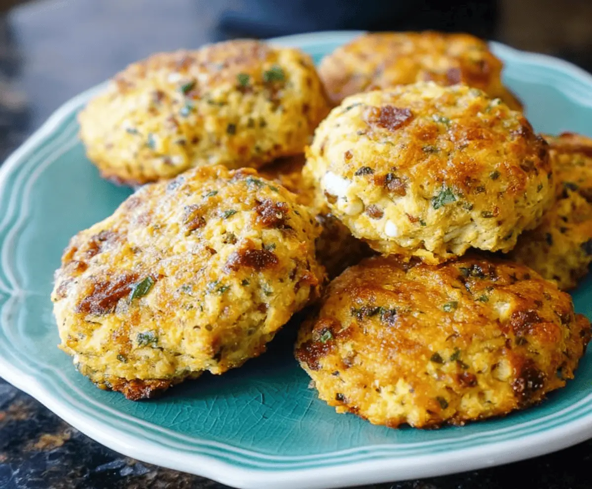 Delicious homemade savory keto breakfast cookies with cheese and herbs on a rustic wooden table