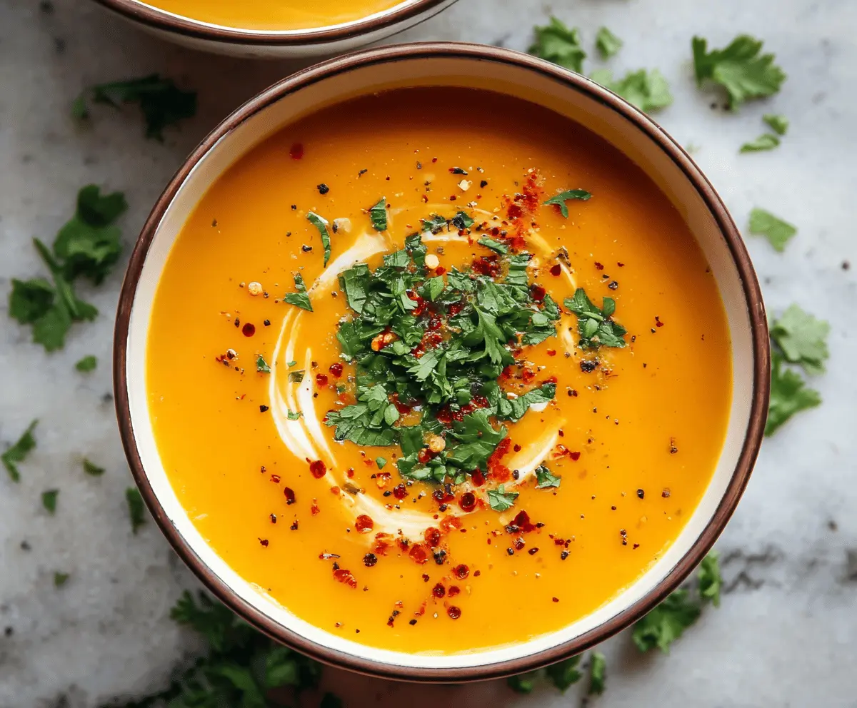 Creamy spicy butternut squash and sweet potato soup topped with fresh herbs in a bowl, perfect for cozy winter meals