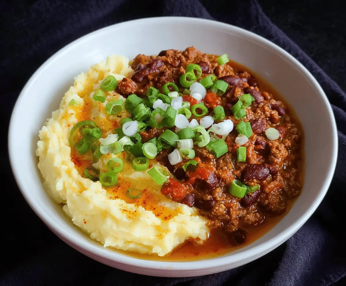 Delicious spicy chili served with creamy mashed potatoes, perfect for a hearty and flavorful meal.