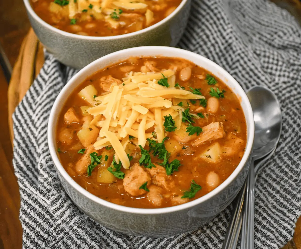 Creamy white cheddar and apple chicken chili in a bowl, garnished with fresh herbs and diced apples, served with crispy tortilla chips