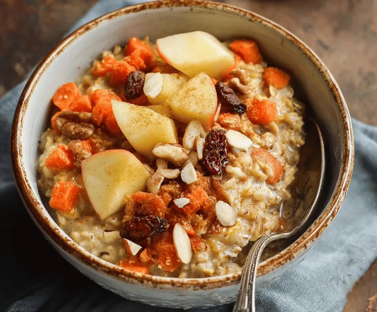 Healthy 10-Minute Apple Carrot Oatmeal in a bowl topped with fresh apple slices and grated carrots, perfect for quick and nutritious breakfast.