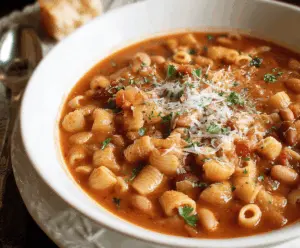 A bowl of authentic Italian Pasta Fagioli soup garnished with fresh herbs and grated cheese, served with rustic bread on the side.