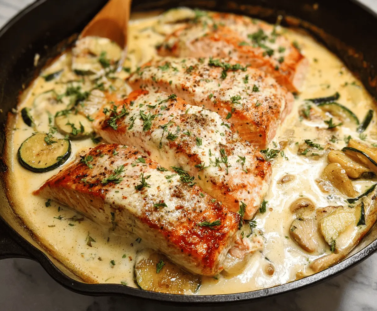 Delicious baked salmon topped with creamy Boursin cheese, garnished with herbs, served on a white plate for a flavorful seafood meal.