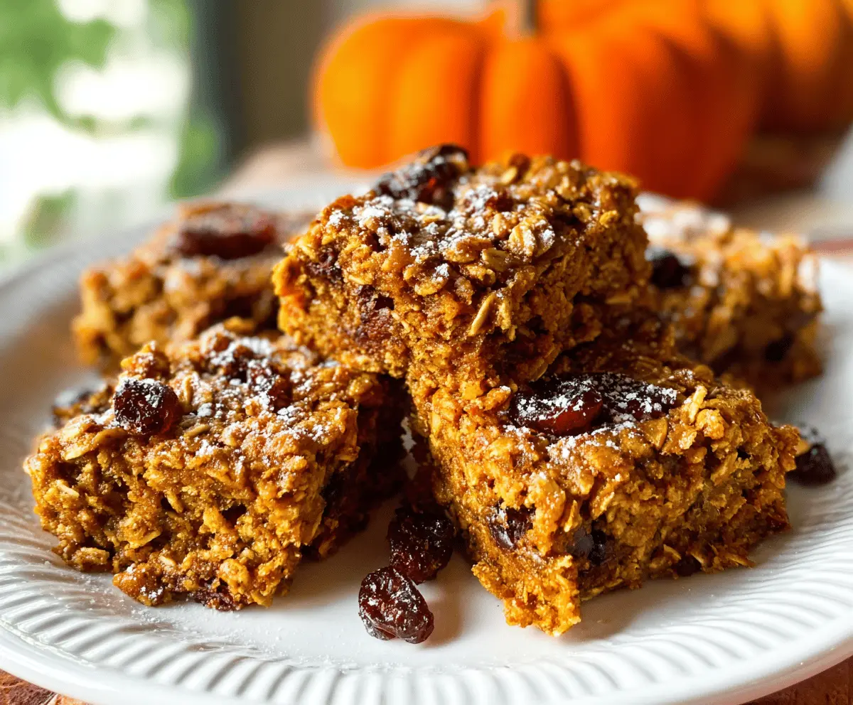 Delicious baked breakfast oatmeal pumpkin bars with a golden crust topped with fresh pumpkin and cinnamon, perfect for a healthy morning treat