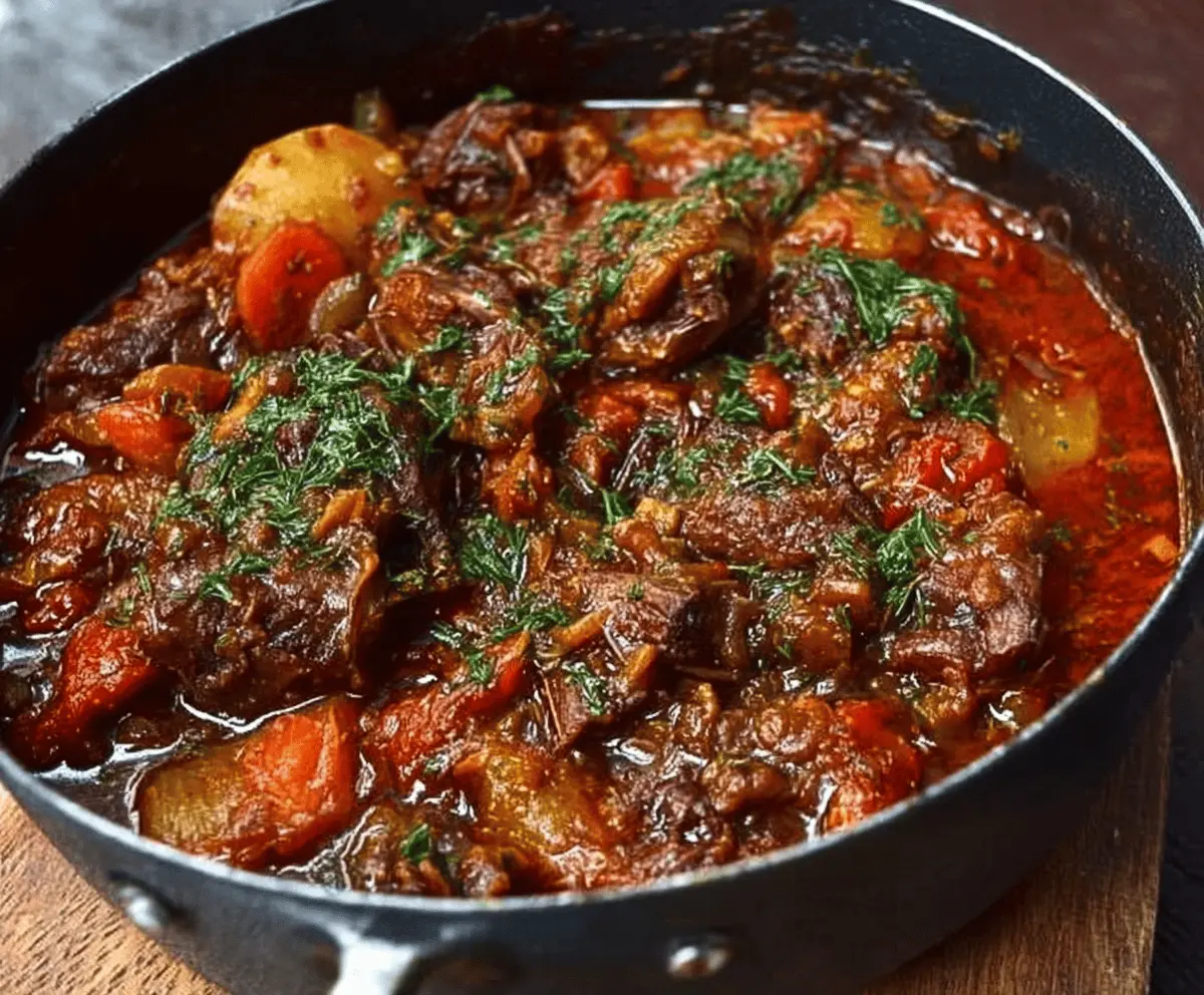 A steaming bowl of Becky’s Favorite Oxtail Stew with tender oxtail meat, vegetables, and rich gravy served in a rustic bowl, perfect for hearty comfort food.