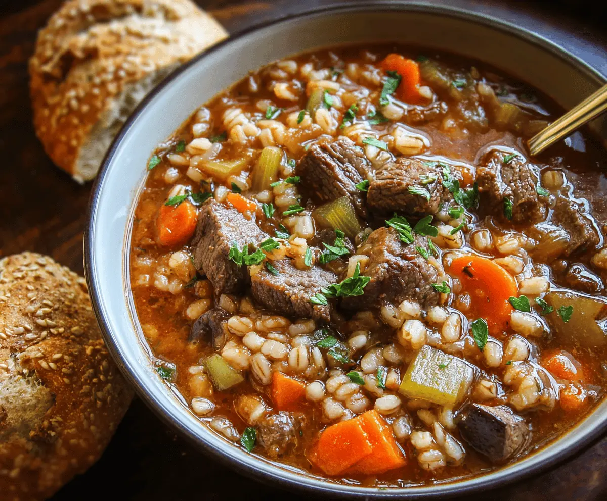 Hearty beef and barley stew in a rustic bowl with fresh herbs, showcasing tender beef chunks, hearty barley, and vegetables for a comforting homemade meal.