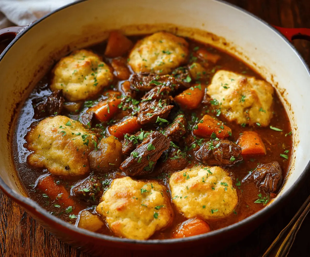 Hearty beef stew with tender chunks of beef and fluffy dumplings in a rich gravy.