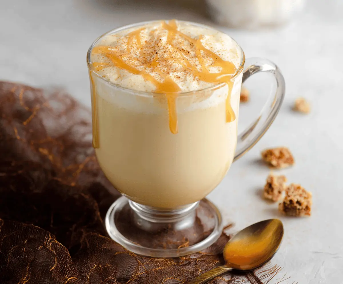 Creamy butterscotch steamer in a glass mug topped with whipped cream and caramel drizzle