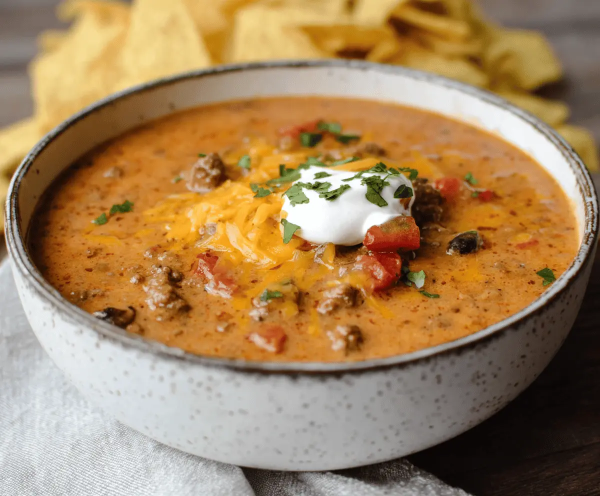 A bowl of Cheesy Ground Beef Enchilada Chili topped with melted cheese, fresh cilantro, and sliced jalapenos, served with tortilla chips on the side.