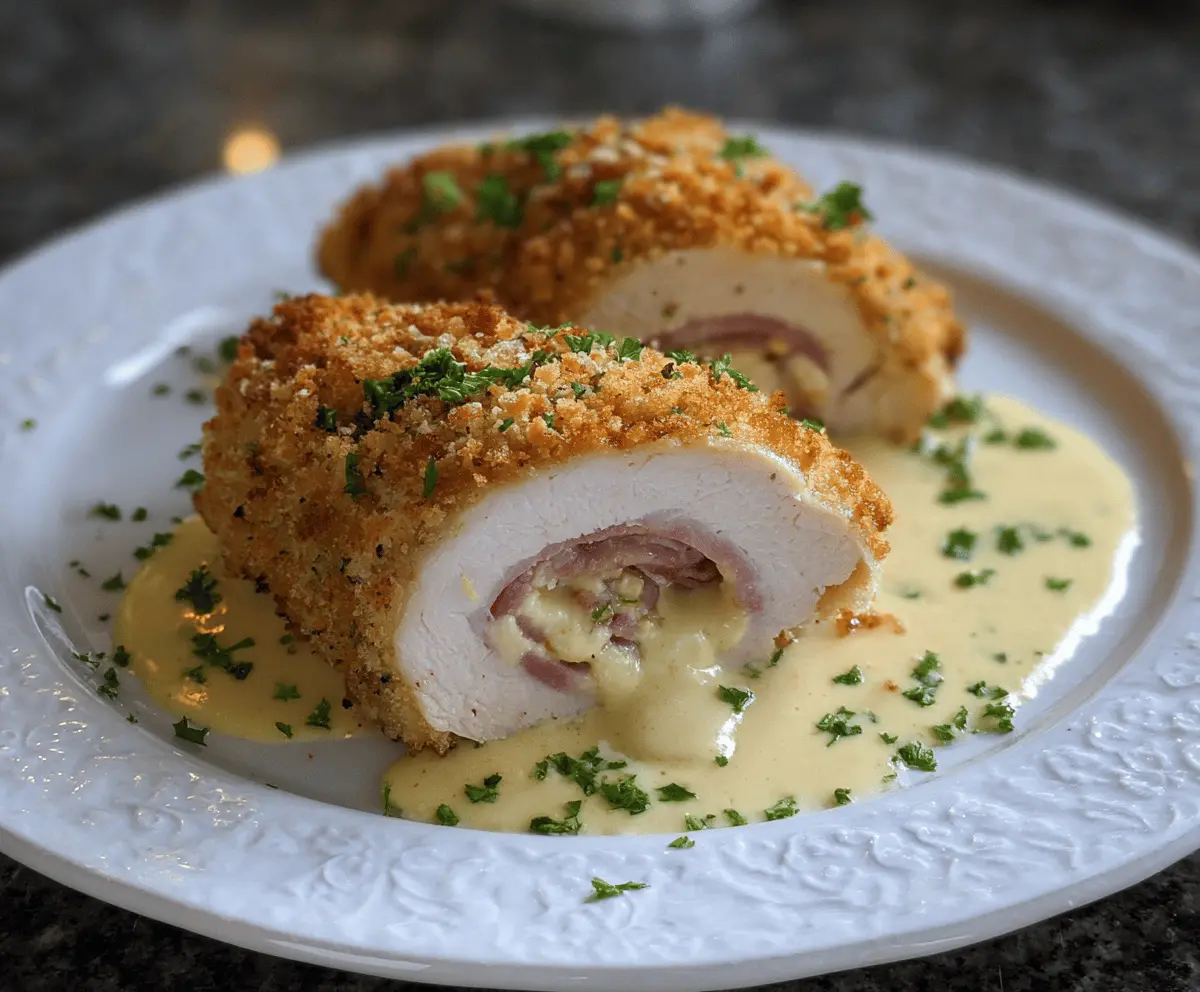 Delicious Chicken Cordon Bleu with golden crispy coating served on a plate.