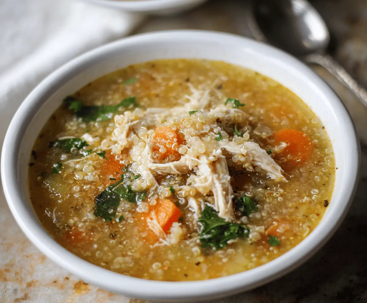 Hearty chicken quinoa soup in a bowl with fresh herbs, vegetables, and shredded chicken, perfect for a nutritious meal.