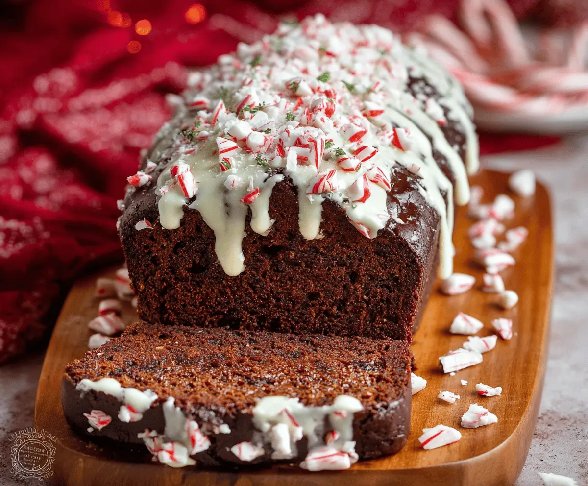 Delicious Chocolate Peppermint Bread topped with crushed peppermint candies, perfect for holiday treats and festive baking