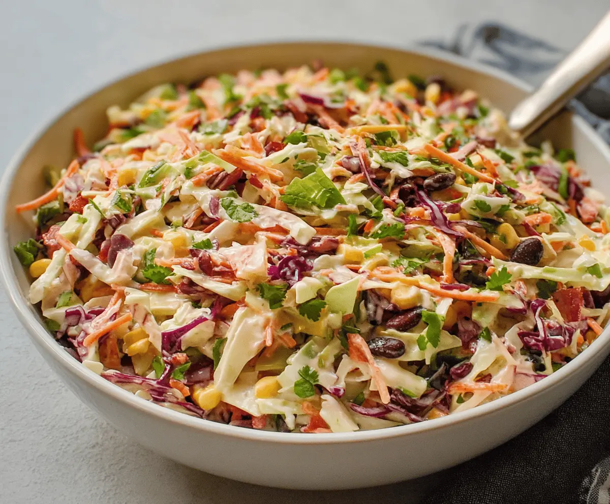 Creamy Cowboy Coleslaw with shredded cabbage, carrots, corn, and barbecue-seasoned dressing served in a bowl.