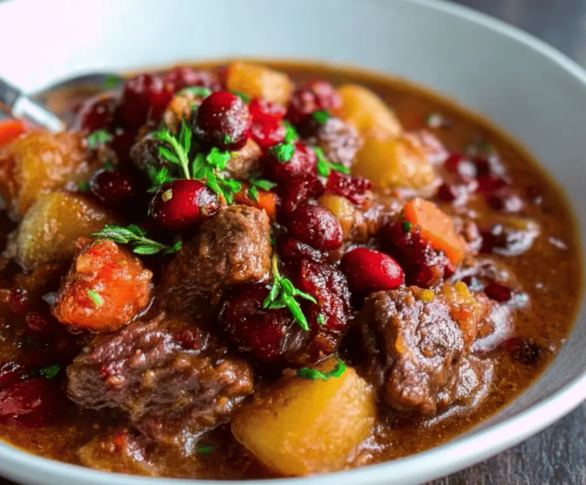 Hearty cranberry apple beef stew in a bowl, featuring tender beef, fresh cranberries, sliced apples, carrots, and potatoes garnished with herbs for a flavorful winter meal.