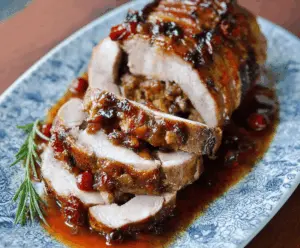 Juicy cranberry apple pork loin roast garnished with fresh herbs on a rustic wooden cutting board, perfect for holiday dinner